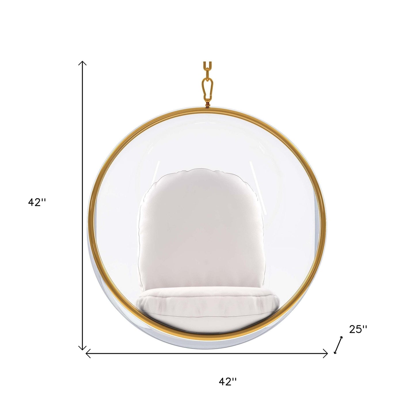 42" White and Gold Acrylic and Faux Leather Hanging Balloon Chair