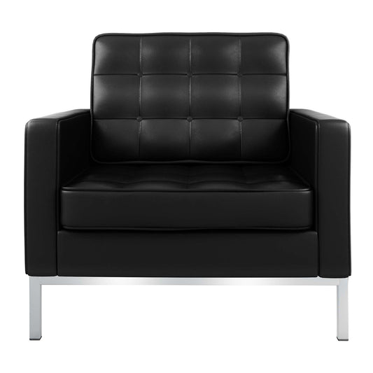 31" Black And Silver Italian Leather Tufted Arm Chair