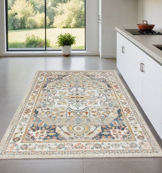 4' x 6' Ivory and Blue Oriental Power Loom Area Rug