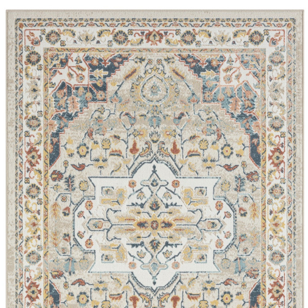 4' x 6' Ivory and Blue Oriental Power Loom Area Rug