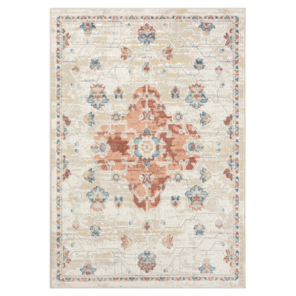 4' x 6' Ivory and Red Medallion Power Loom Area Rug