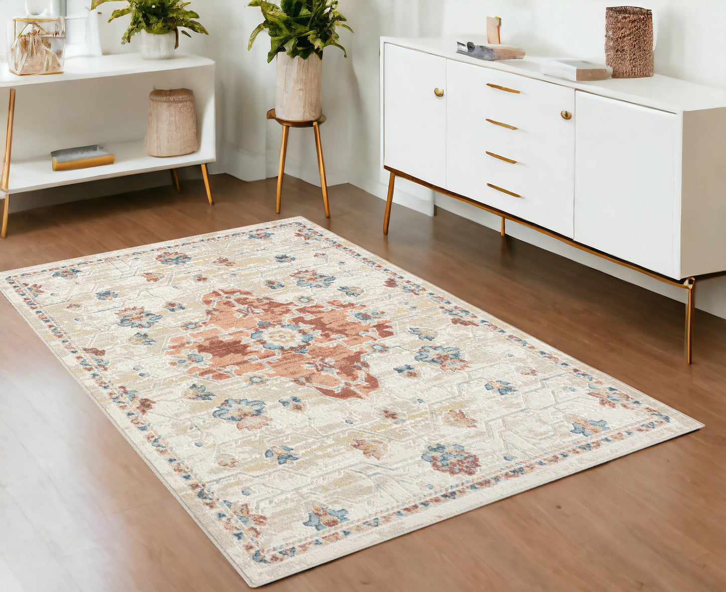 4' x 6' Ivory and Red Medallion Power Loom Area Rug