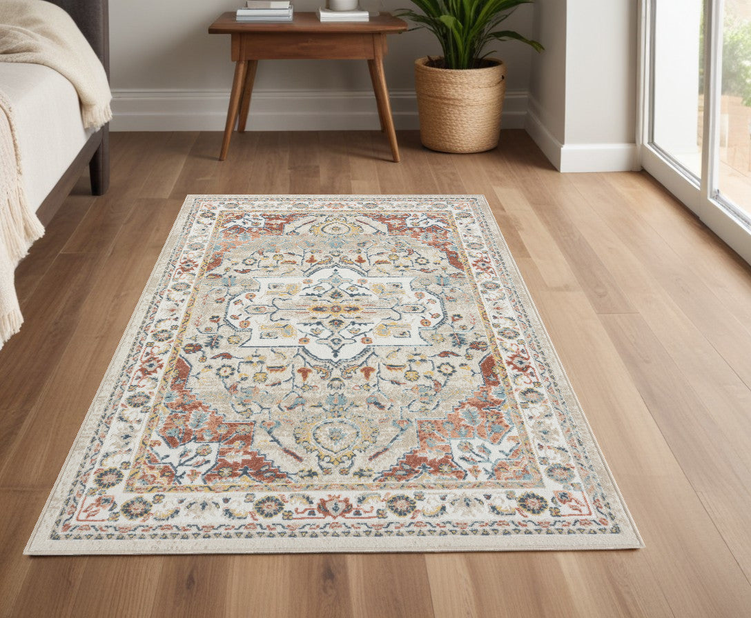 4' x 6' Ivory and Red Oriental Power Loom Area Rug