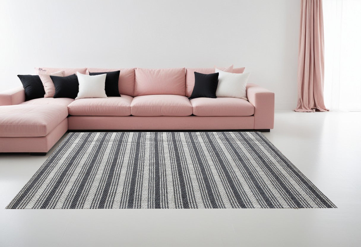 8' x 10' Gray and Ivory Striped Hand Woven Non Skid Area Rug