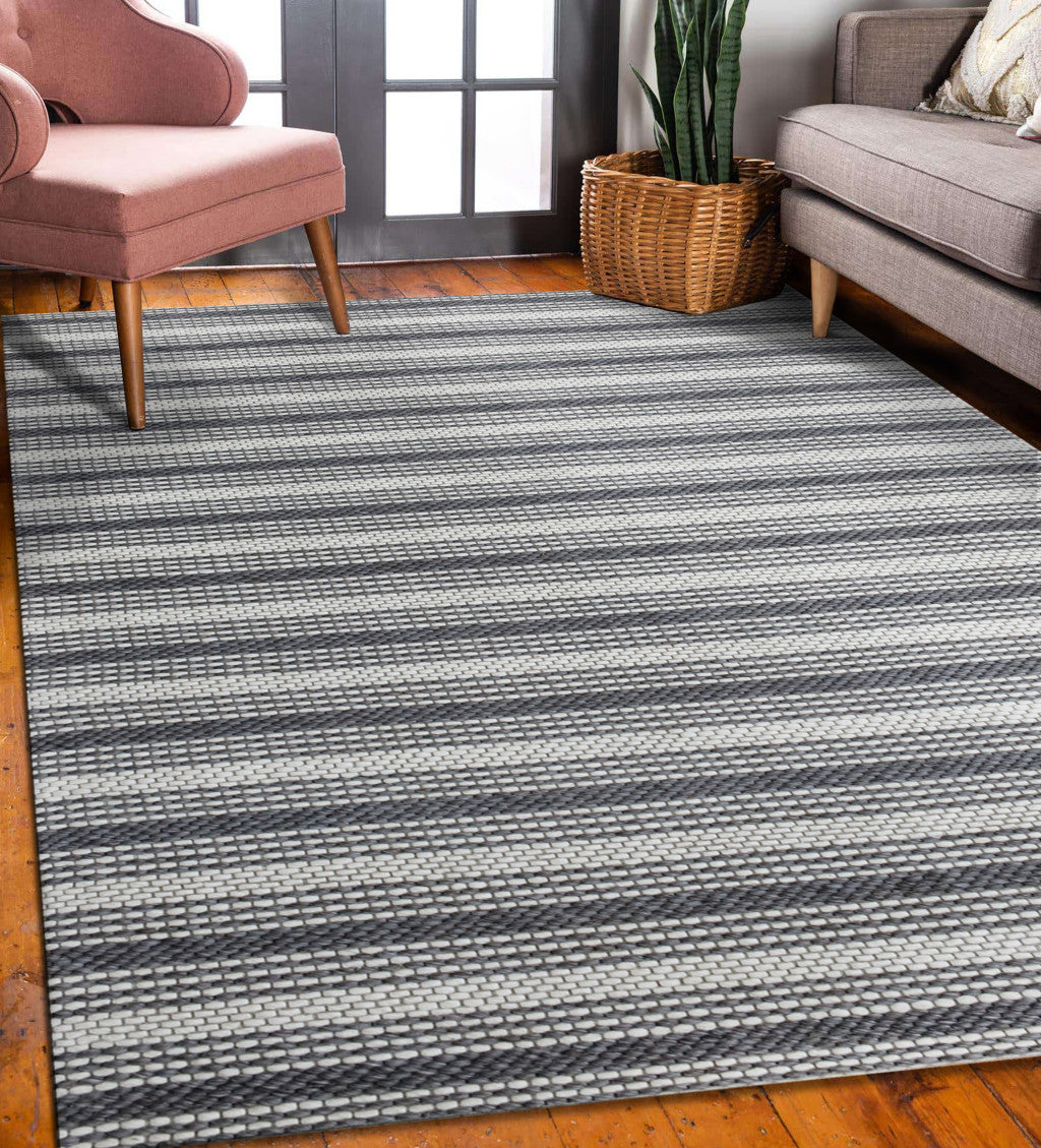 8' x 10' Gray and Ivory Striped Hand Woven Non Skid Area Rug