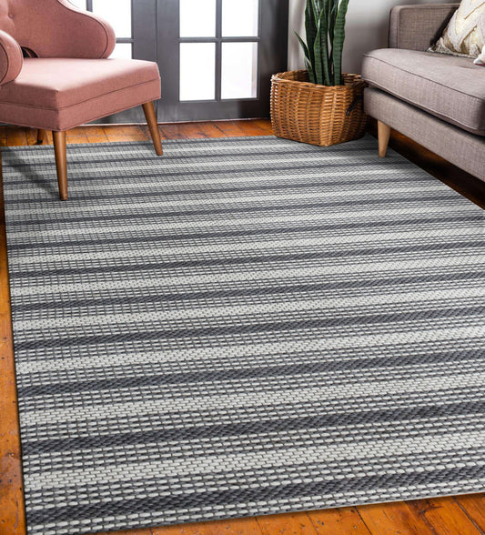 8' x 10' Gray and Ivory Striped Hand Woven Non Skid Area Rug