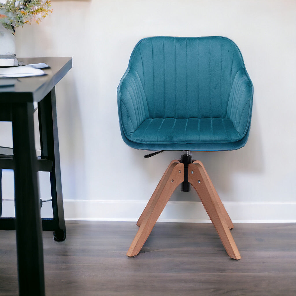 Tufted Teal Blue And Natural Velvet and Wood Dining Arm Chair