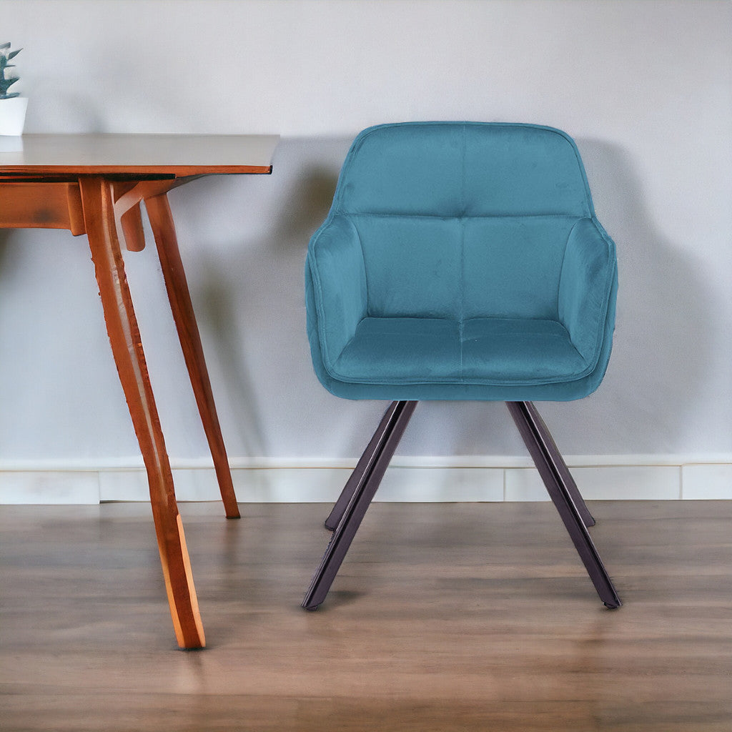 Tufted Blue And Black Velvet and Metal Dining Arm Chair