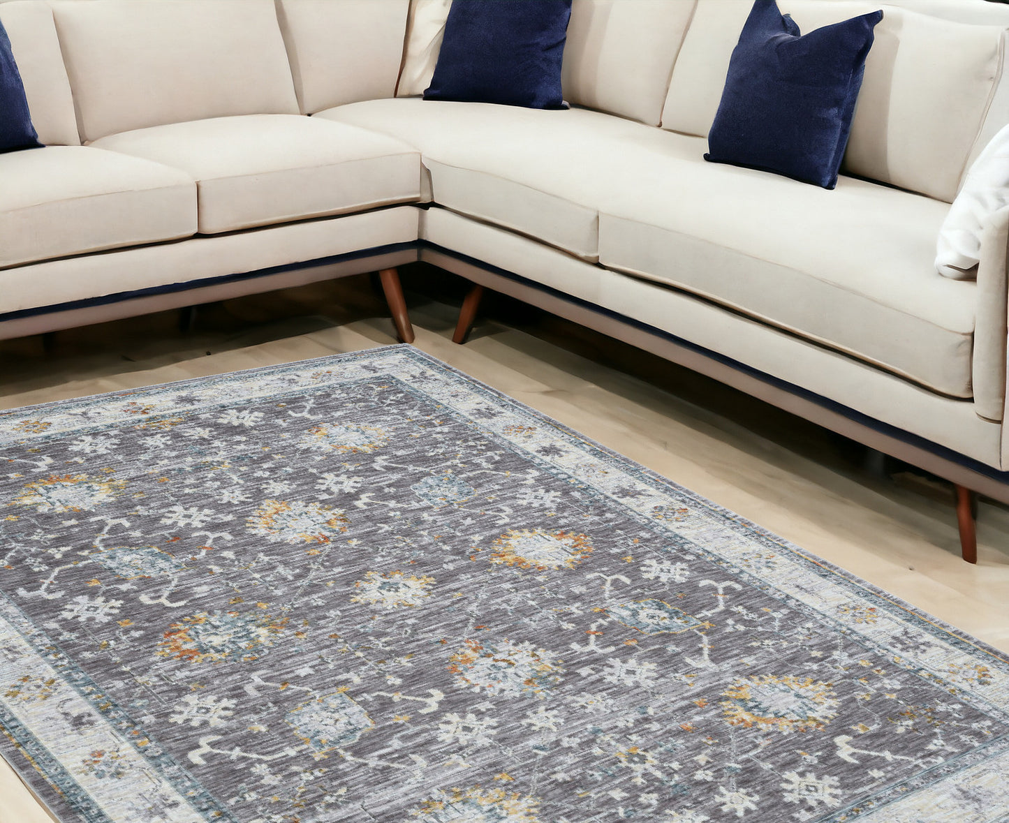 8' x 10' Gray and Ivory Floral Area Rug