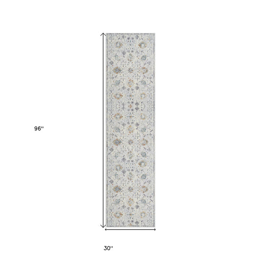 8' Runner Ivory and Blue Floral Runner Rug