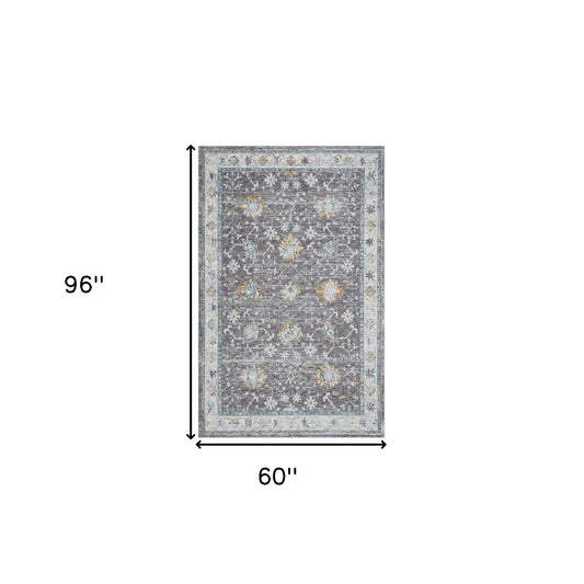 5' x 8' Gray and Ivory Floral Area Rug