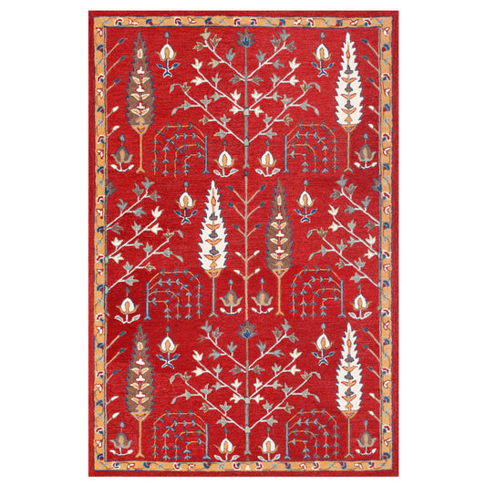 8' x 10' Red and Ivory Wool Floral Hand Tufted Area Rug