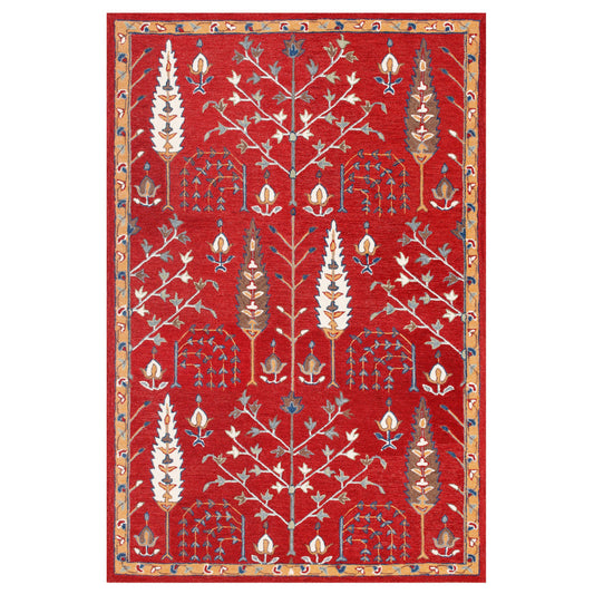 8' x 10' Red and Ivory Wool Floral Hand Tufted Area Rug