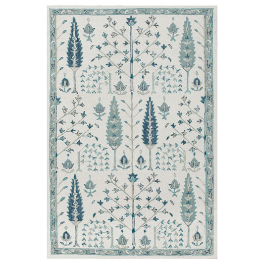 8' x 10' Ivory and Blue Wool Floral Hand Tufted Area Rug