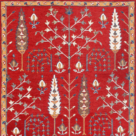 5' x 8' Red and Ivory Wool Floral Hand Tufted Area Rug