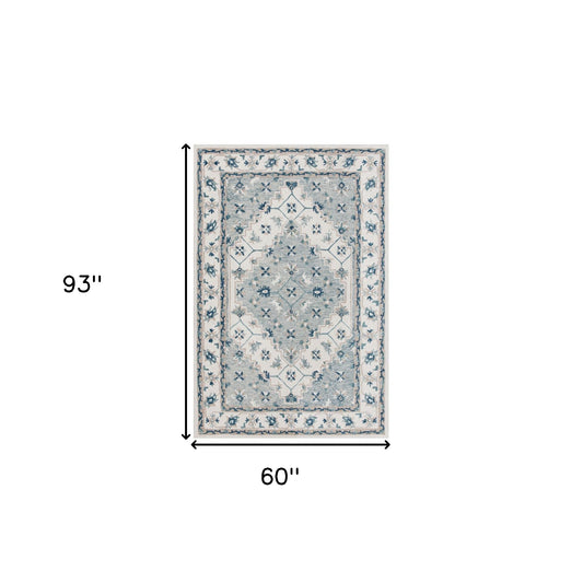 5' x 8' Blue and Ivory Wool Floral Hand Tufted Area Rug