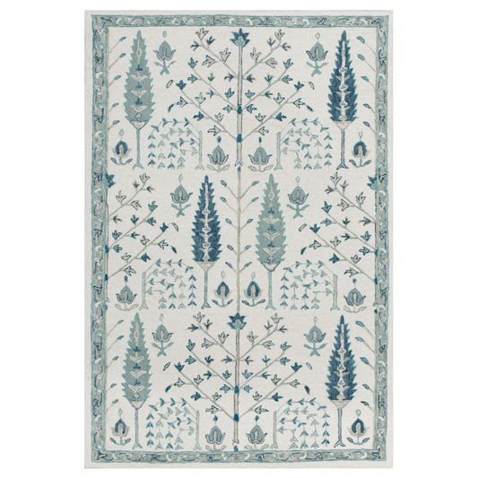 5' x 8' Ivory and Blue Wool Floral Hand Tufted Area Rug