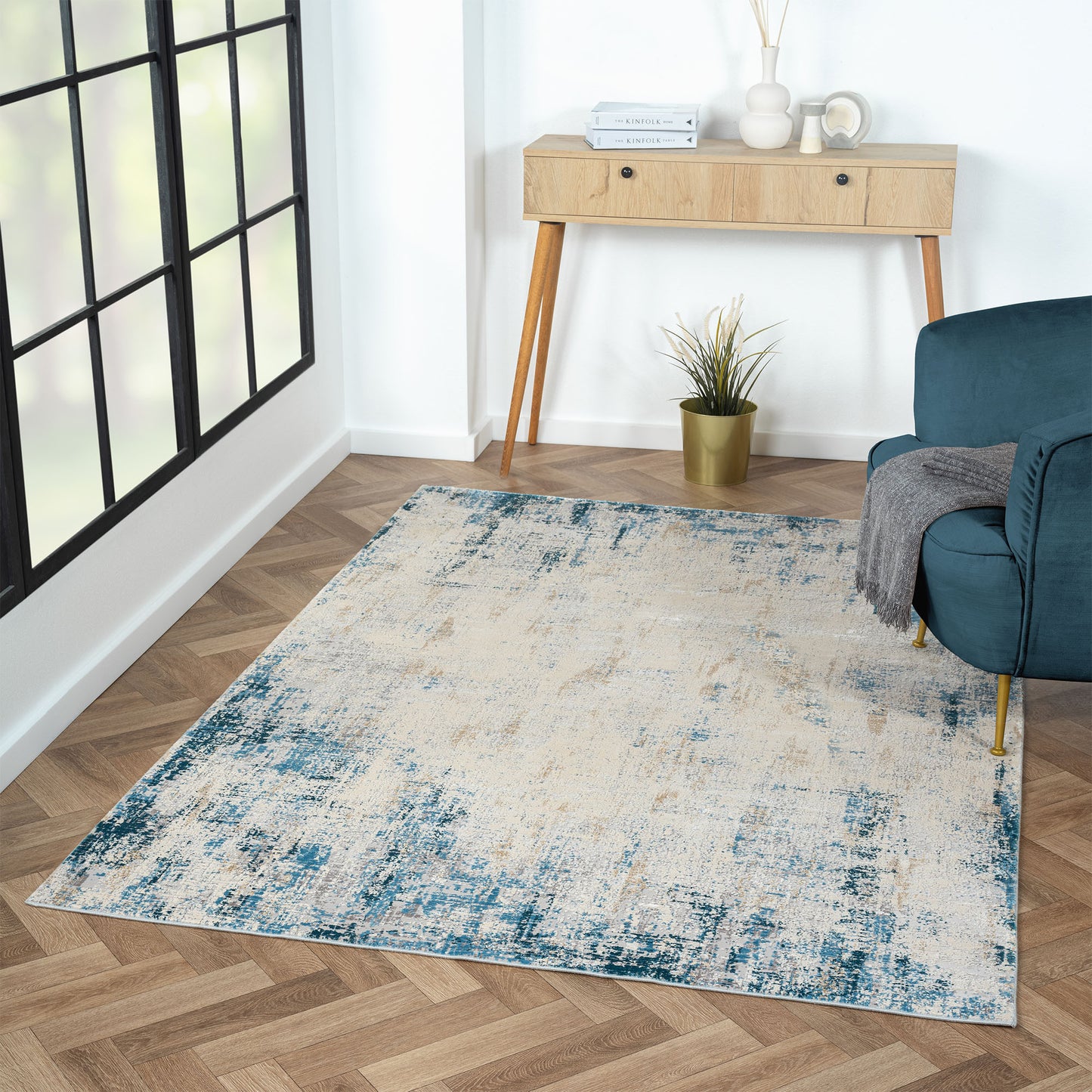 2' x 3' Blue and Ivory Abstract Area Rug