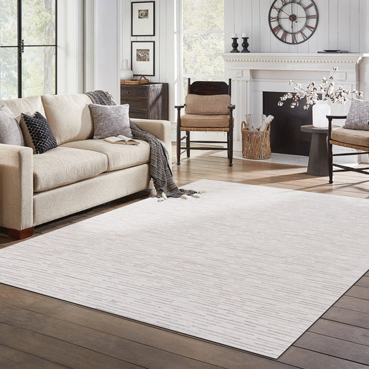 8' x 10' Beige and Ivory Wool Striped Hand Tufted Area Rug
