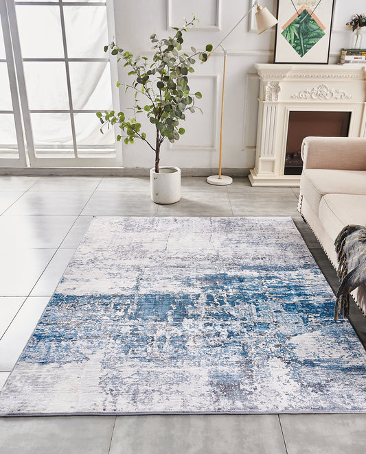 5' x 7' Gray and Blue Abstract Printed Washable Non Skid Area Rug