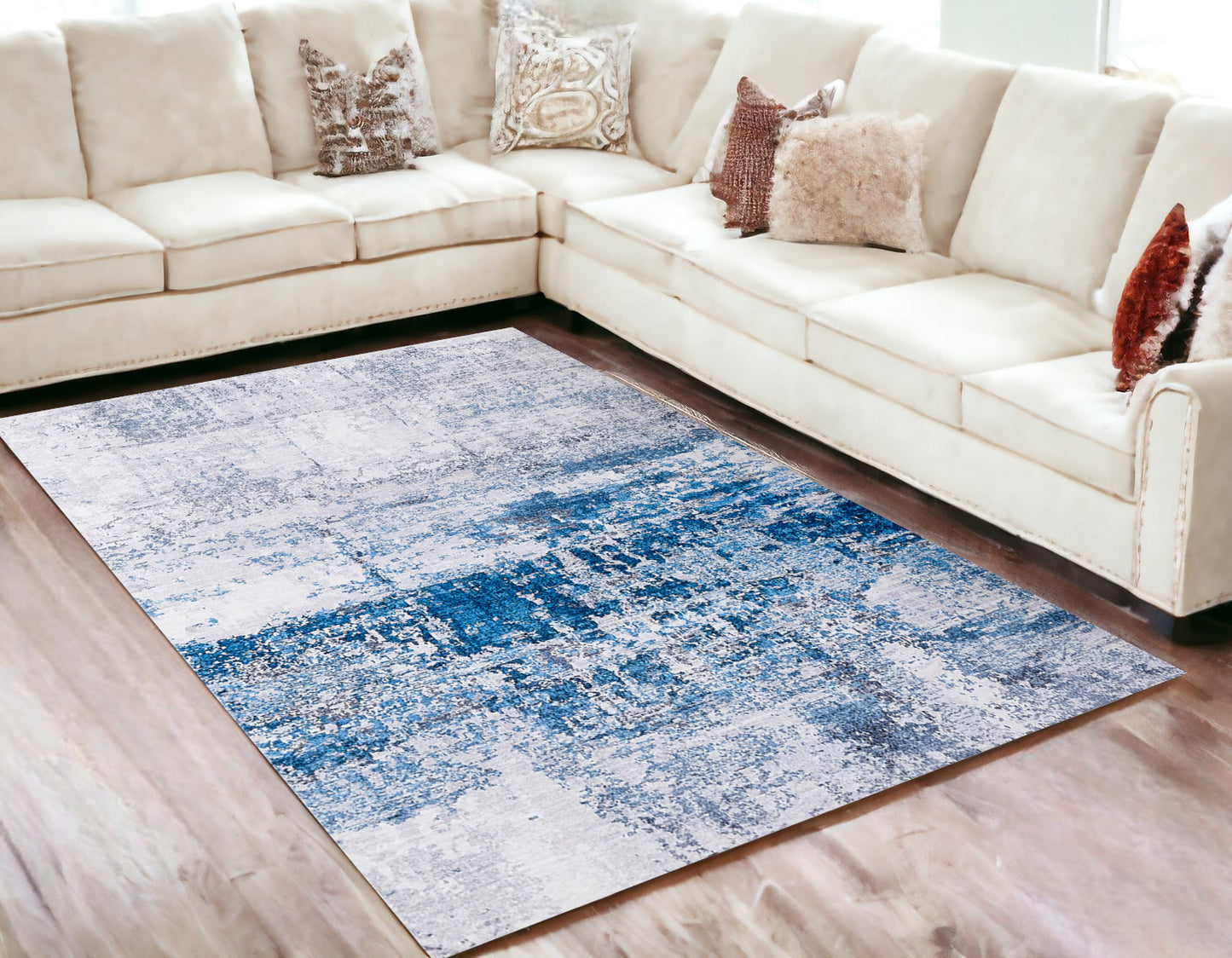 5' x 7' Gray and Blue Abstract Printed Washable Non Skid Area Rug