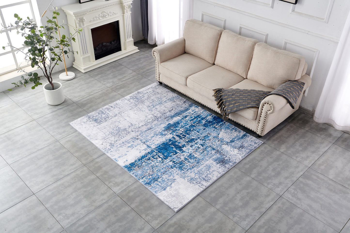 5' x 7' Gray and Blue Abstract Printed Washable Non Skid Area Rug