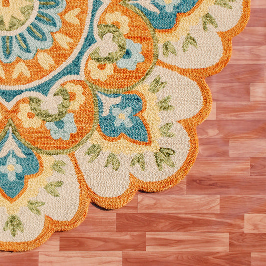 6' Orange and Blue Round Wool Floral Hand Tufted Area Rug