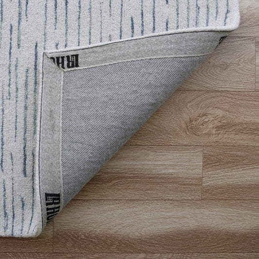 8' x 10' Ivory and Blue Wool Striped Hand Tufted Area Rug