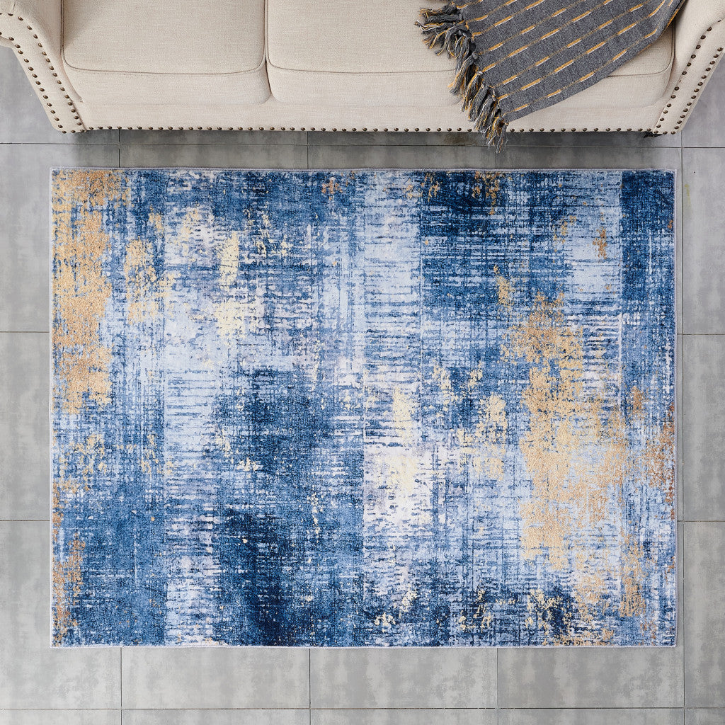 8' x 11' Blue and Gold Abstract Printed Washable Non Skid Area Rug