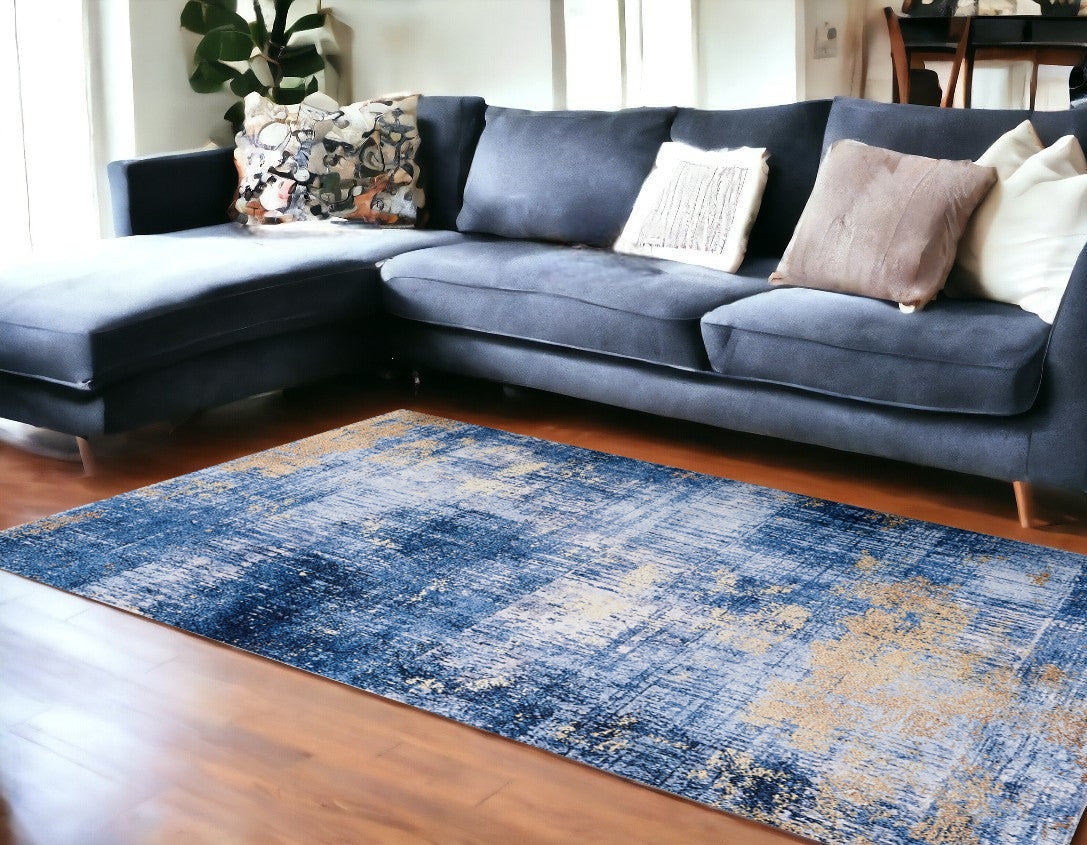 8' x 11' Blue and Gold Abstract Printed Washable Non Skid Area Rug