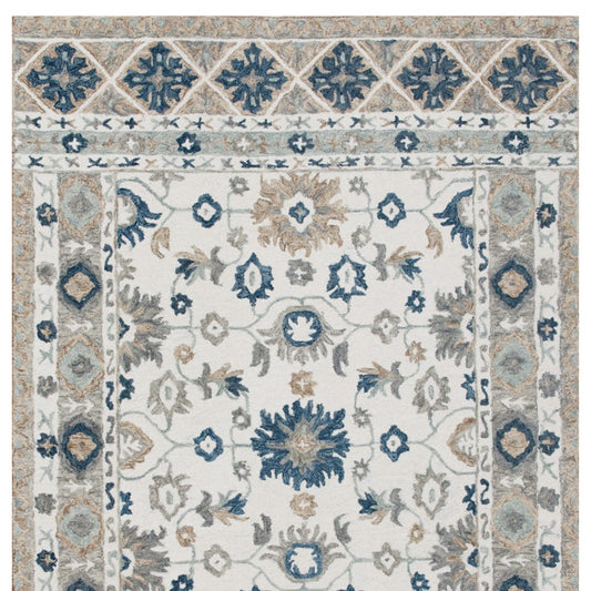 8' x 10' Blue and Ivory Wool Floral Hand Tufted Area Rug