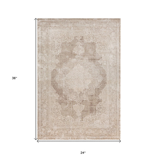 2' x 3' Beige and Ivory Medallion Area Rug
