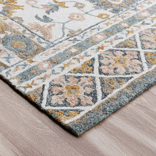 5' x 8' Blue and Ivory Wool Floral Hand Tufted Area Rug