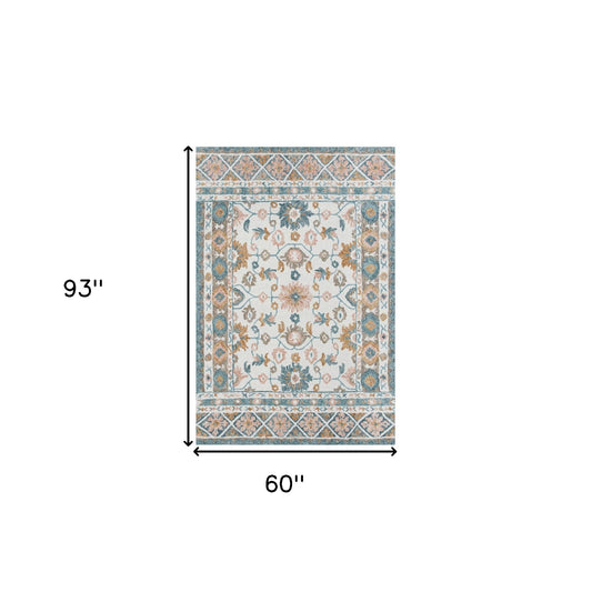 5' x 8' Blue and Ivory Wool Floral Hand Tufted Area Rug