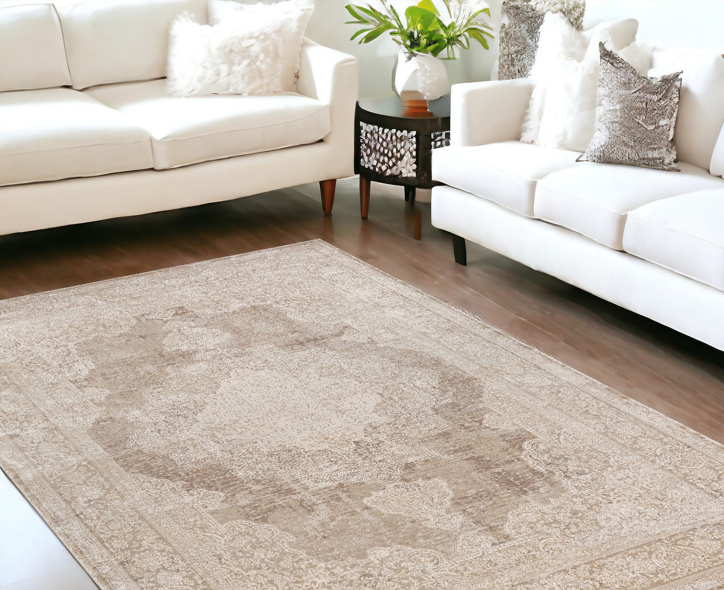12' x 15' Beige and Ivory Medallion Area Rug