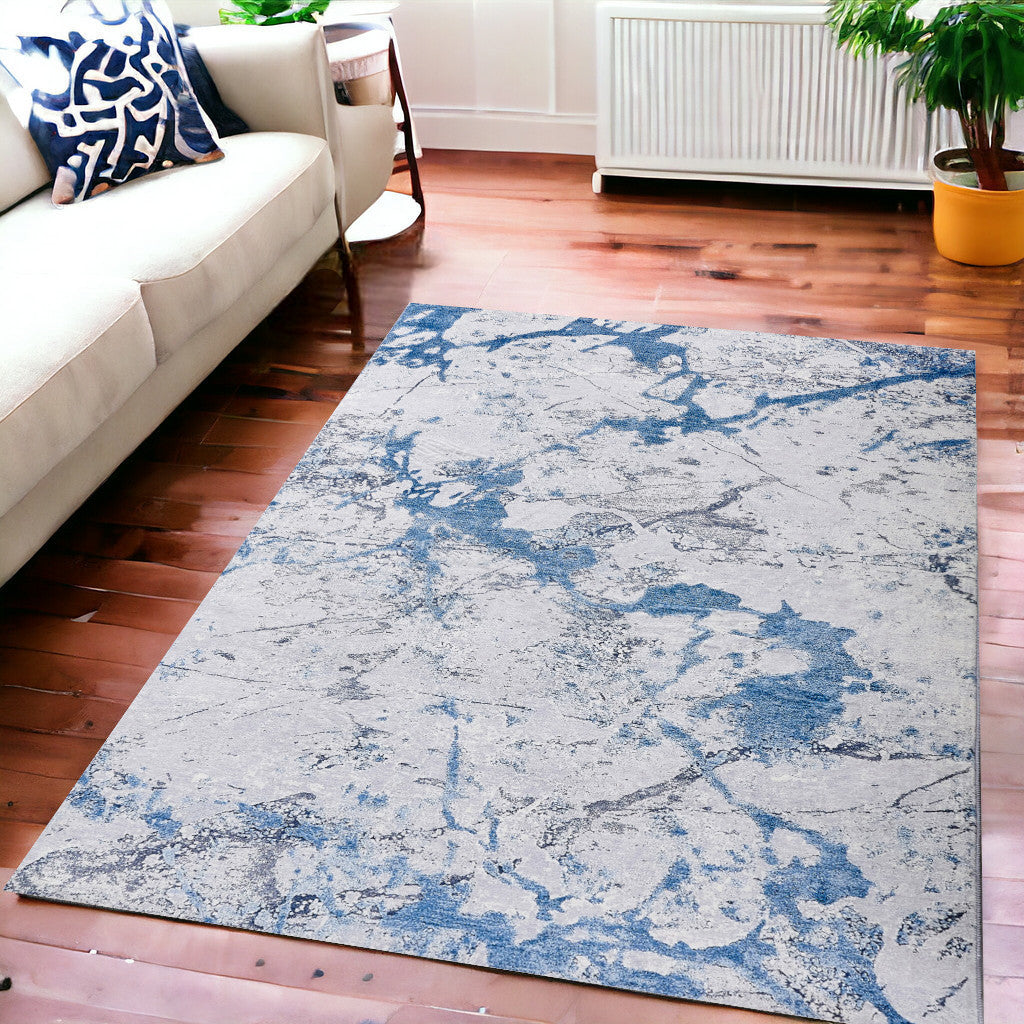 6' x 9' Blue and Silver Abstract Printed Washable Non Skid Area Rug