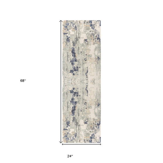 7' Runner Blue and Beige Abstract Runner Rug