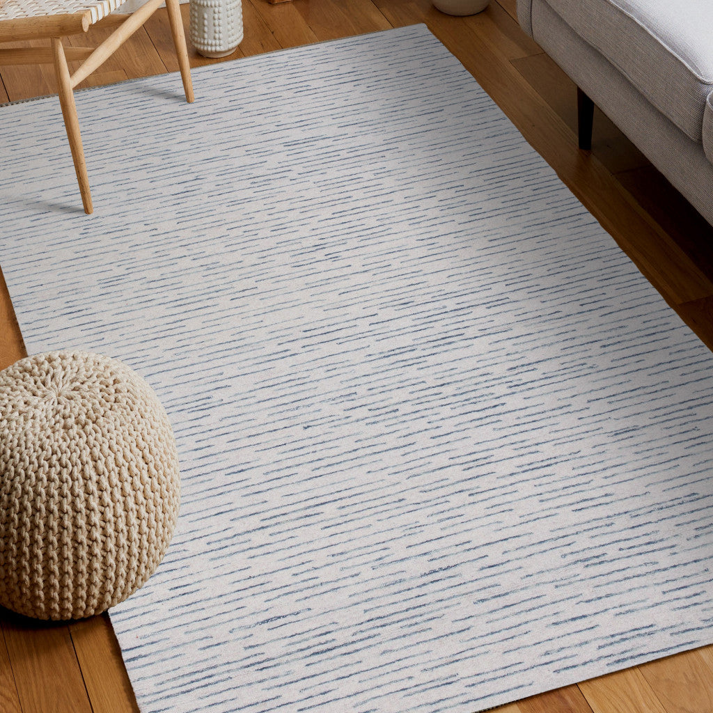 9' x 12' Ivory and Blue Wool Striped Hand Tufted Area Rug