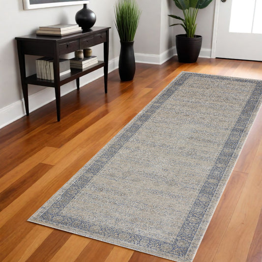 8' Runner Blue and Beige Floral Runner Rug
