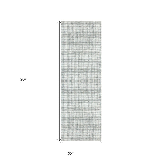 8' Runner Gray and Ivory Wool Checkered Hand Hooked Runner Rug