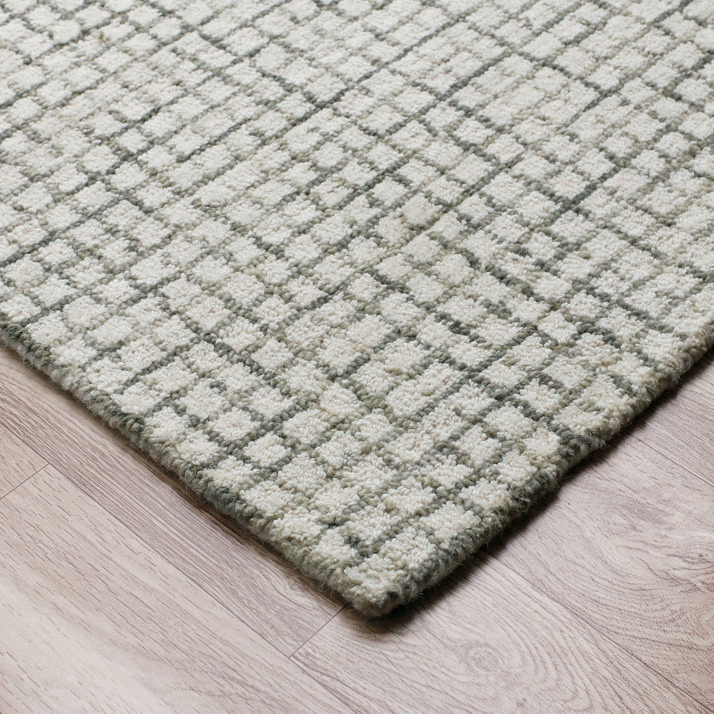 8' Runner Gray and Ivory Wool Checkered Hand Hooked Runner Rug
