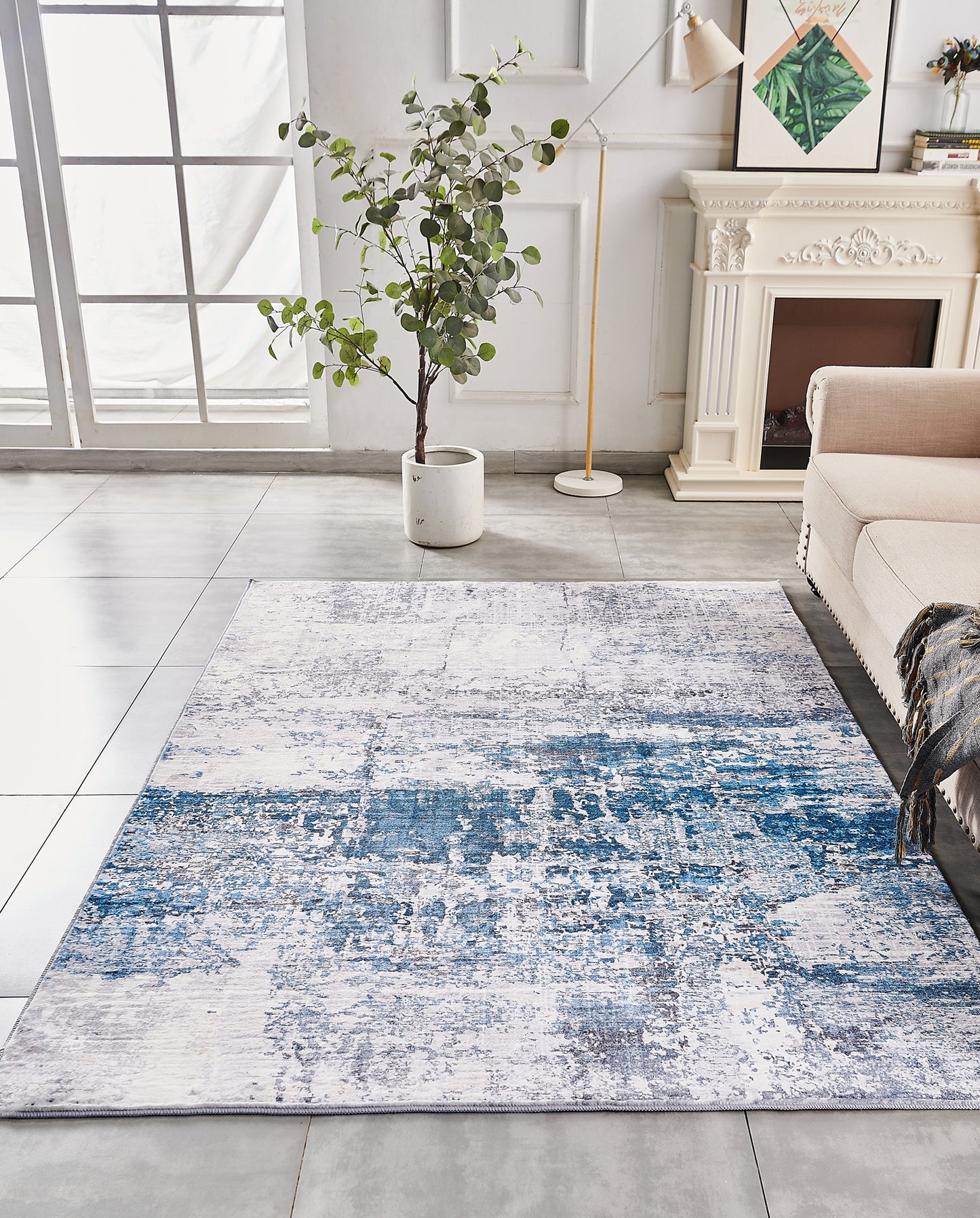 6' x 9' Gray and Blue Abstract Printed Washable Non Skid Area Rug