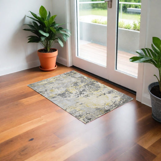 2' x 3' Gray and Yellow Abstract Hand Loomed Area Rug