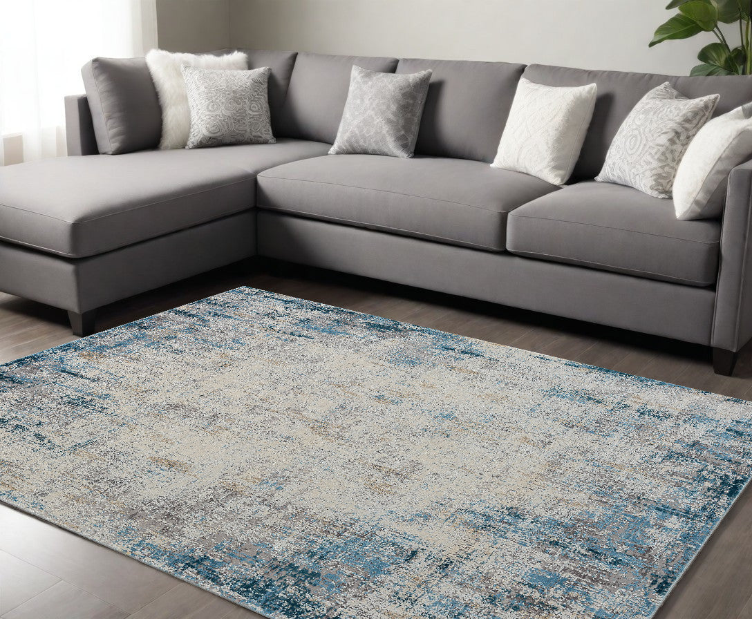 9' x 12' Blue and Ivory Abstract Area Rug