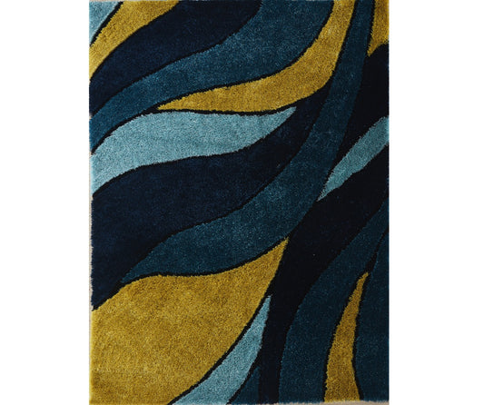 2' x 3' Blue and Yellow Shag Hand Tufted Area Rug