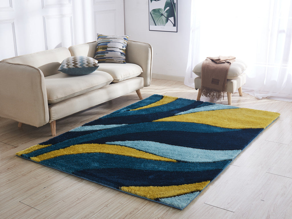 2' x 3' Blue and Yellow Shag Hand Tufted Area Rug