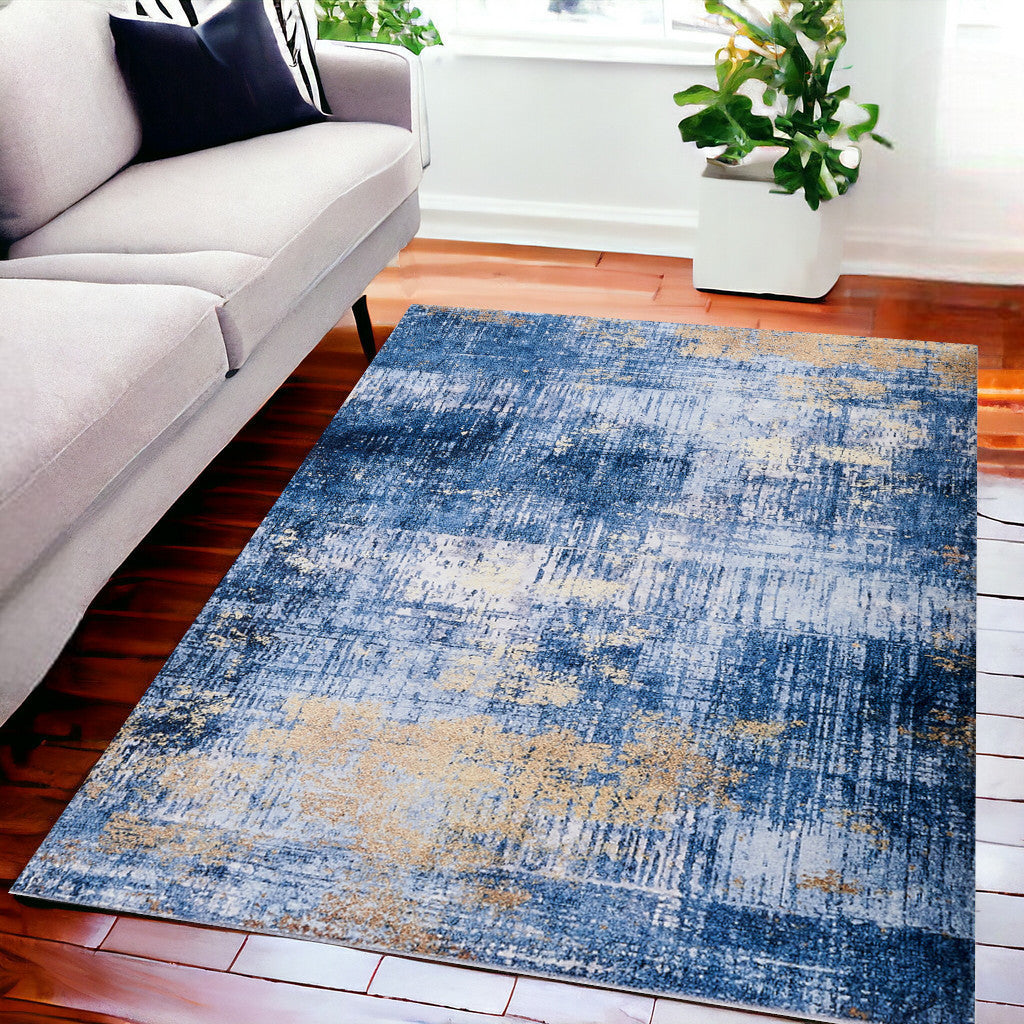 6' x 9' Blue and Gold Abstract Printed Washable Non Skid Area Rug