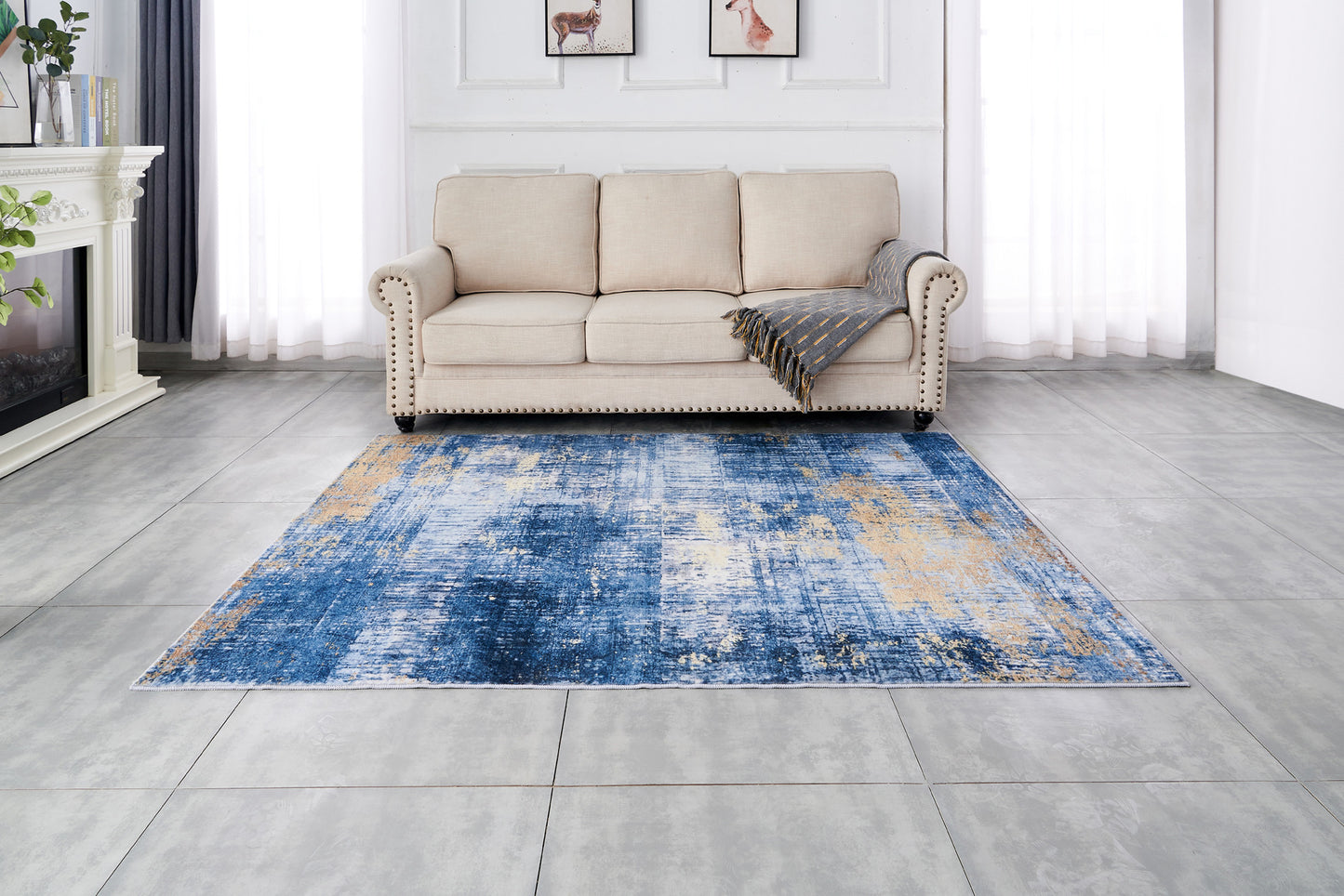 6' x 9' Blue and Gold Abstract Printed Washable Non Skid Area Rug