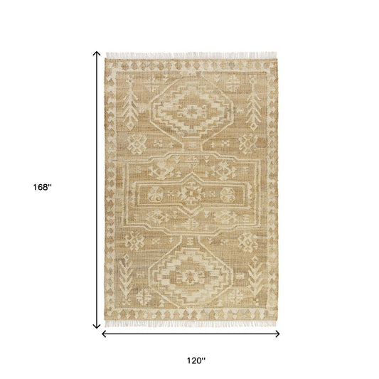 10' x 14' Natural and Ivory Medallion Hand Woven Area Rug