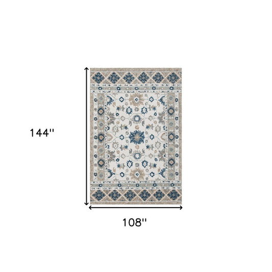 9' x 12' Blue and Ivory Wool Floral Hand Tufted Area Rug